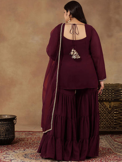 Dhiyona IN Floral Embroidered Regular Sequinned Straight Kurti with Sharara & Dupatta
