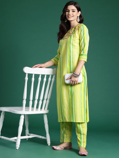 Floral Embroidered Thread Work Pure Cotton Kurta with Trousers