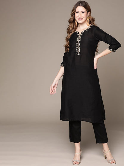 Dhiyona IS Women's Women Black Ethnic Motifs Embroidered Kurta with Trousers
