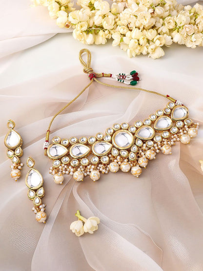 Dhiyona RJ Women's 22K Gold-Plated Glossy Pearl Beaded Kundan Handcrafted Choker Necklace Set