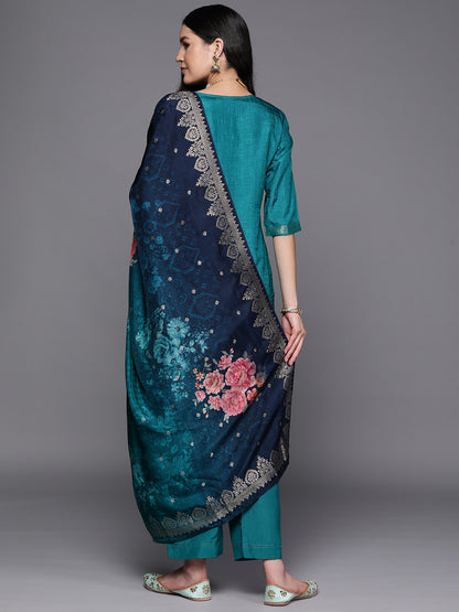 Women Green Floral Pure Silk Kurta with Trousers & With Dupatta