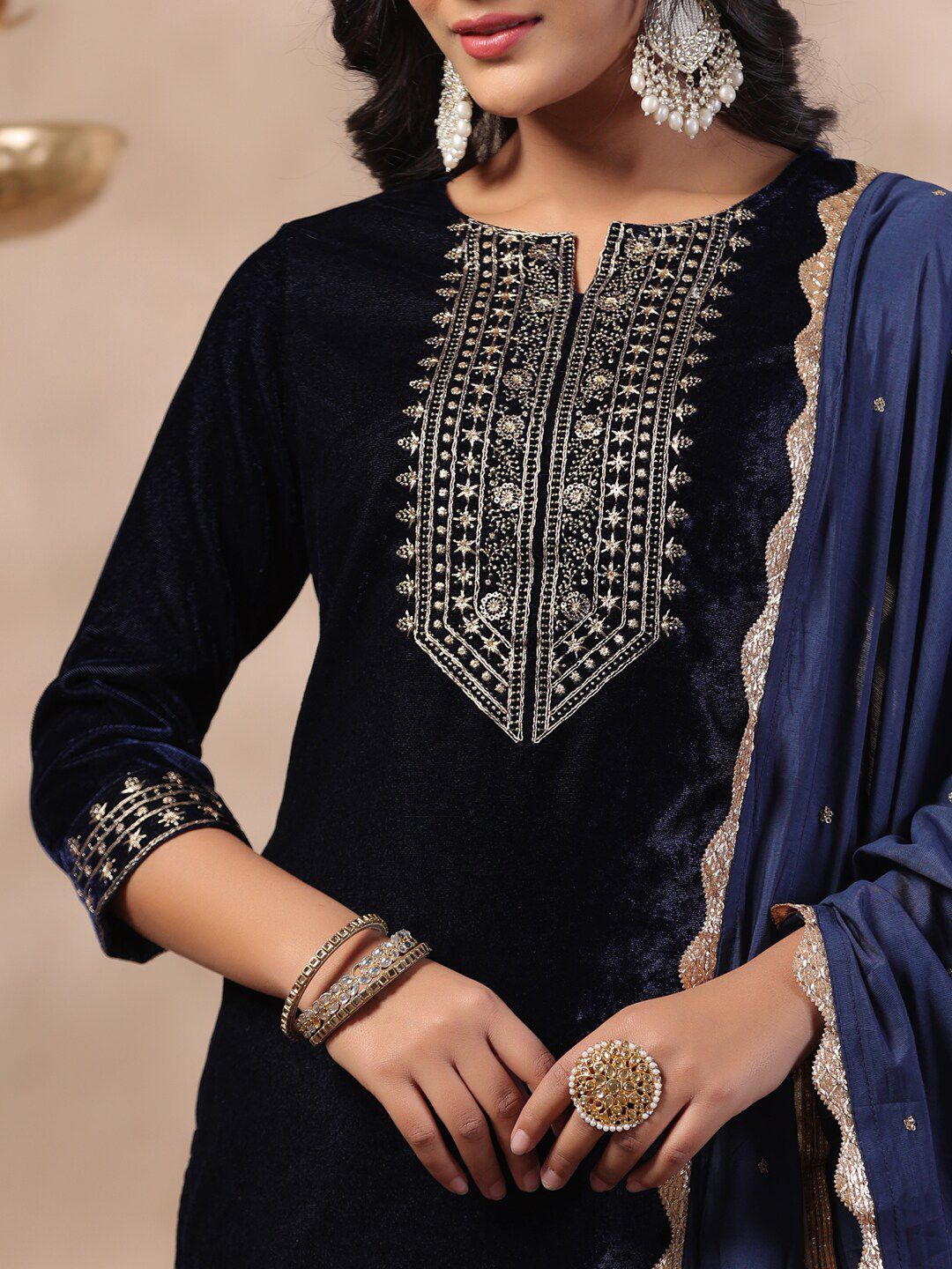 Dhiyona IS Women's Ethnic Motifs Thread Work Notch Neck Velvet Yoke Design Kurta With Trouser & Dupatta