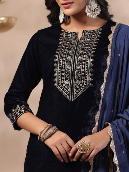 Dhiyona IS Women's Ethnic Motifs Thread Work Notch Neck Velvet Yoke Design Kurta With Trouser & Dupatta