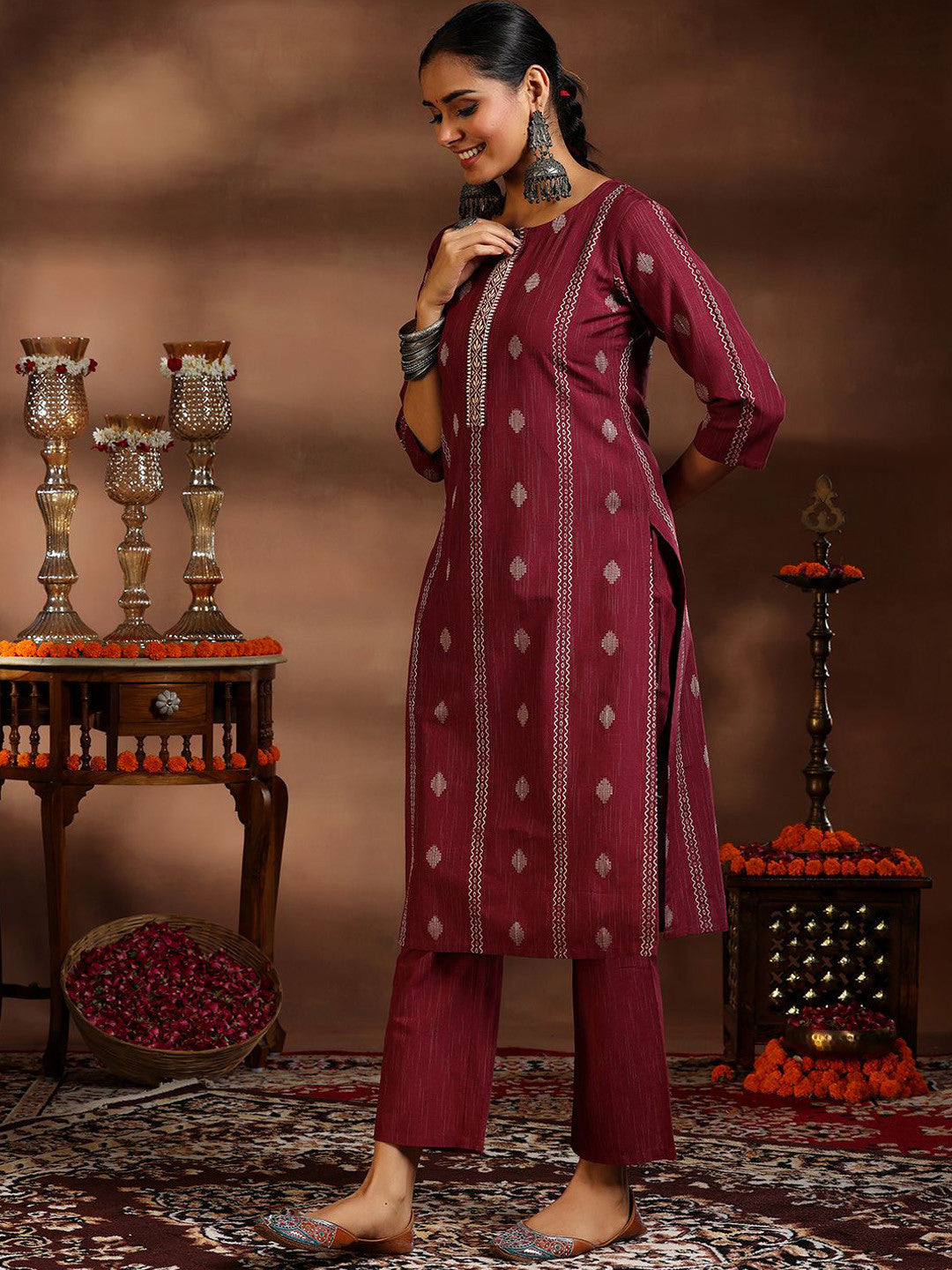 Women Ethnic Motifs Regular Thread Work Kurta with Trousers & With Dupatta