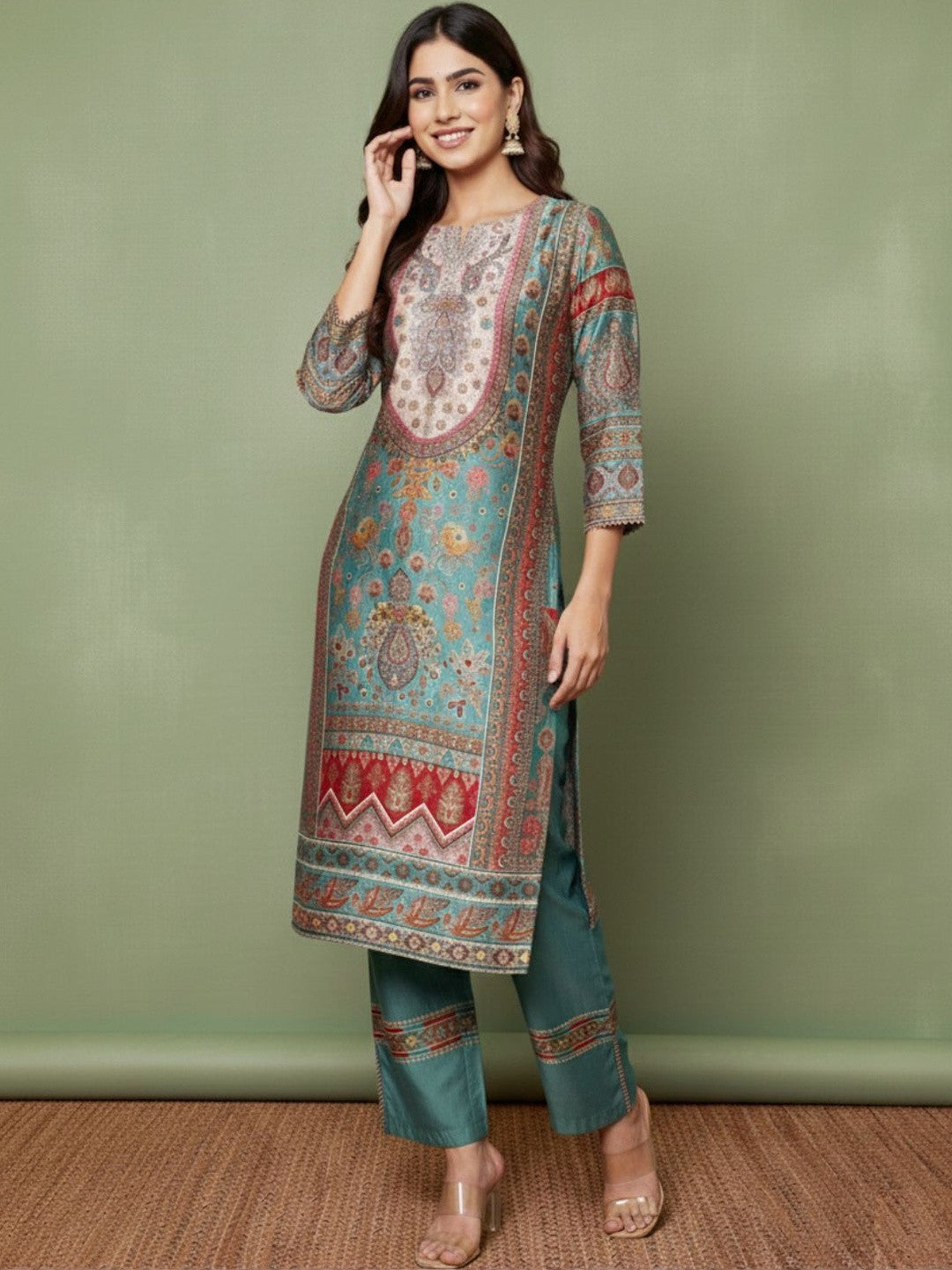 Printed V-Neck Kurta & Trousers