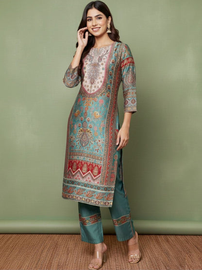 Printed V-Neck Kurta & Trousers