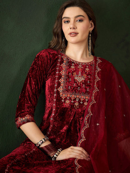 Embroidered A-Line Kurta & Trousers With Dupatta