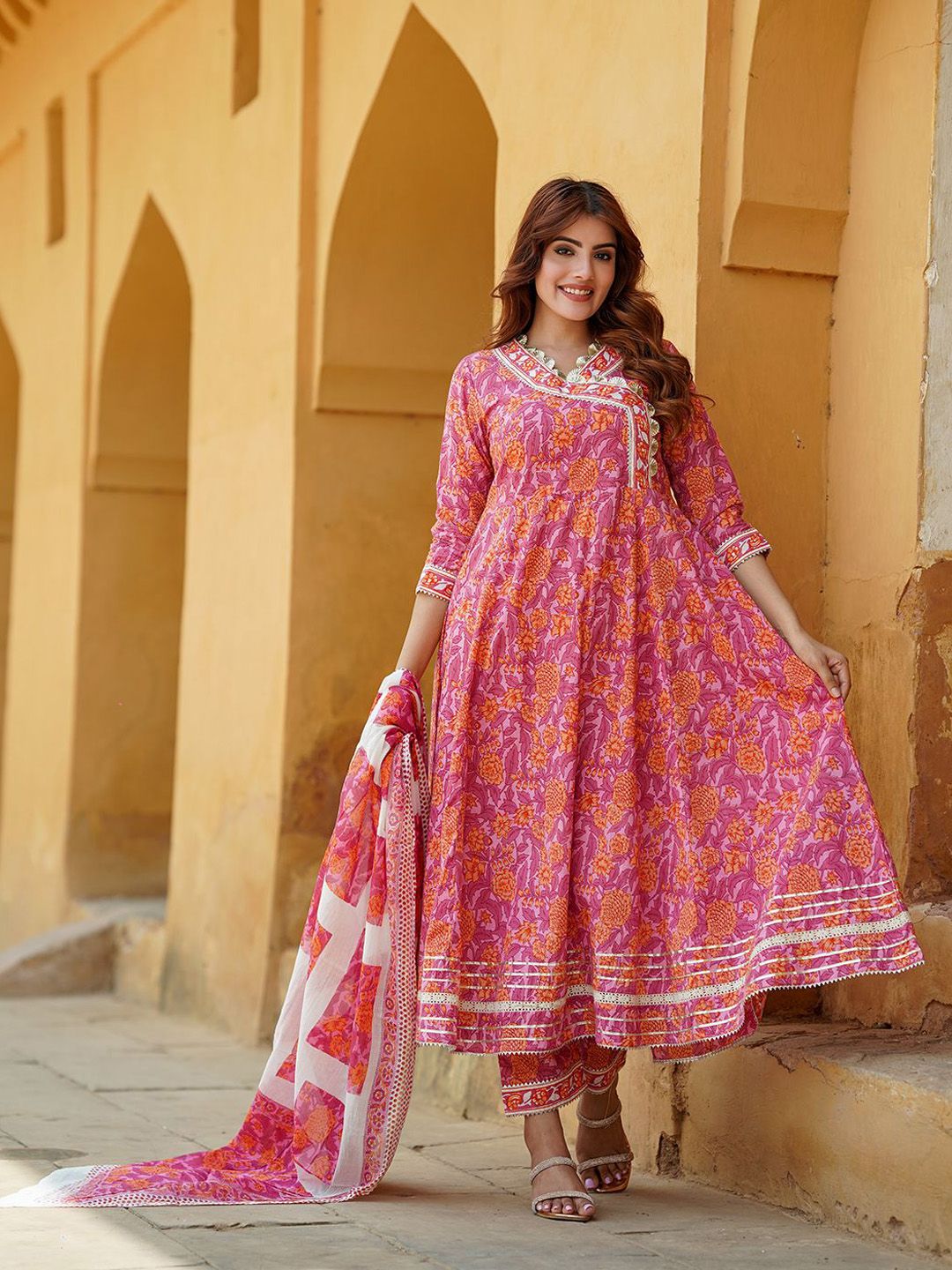 Dhiyona KL Floral Printed Angrakha Pure Cotton Anarkali Kurta With Trousers & Dupatta