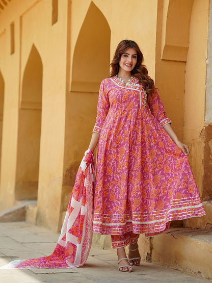Dhiyona KL Floral Printed Angrakha Pure Cotton Anarkali Kurta With Trousers & Dupatta