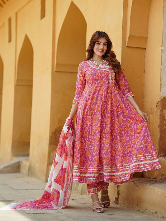 Dhiyona KL Floral Printed Angrakha Pure Cotton Anarkali Kurta With Trousers & Dupatta