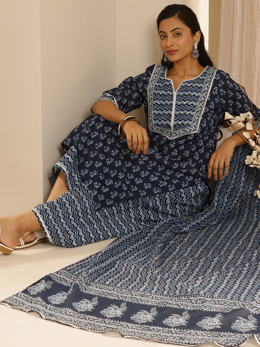 Floral Printed Gotta Patti Pure Cotton Kurta with Palazzos & Dupatta