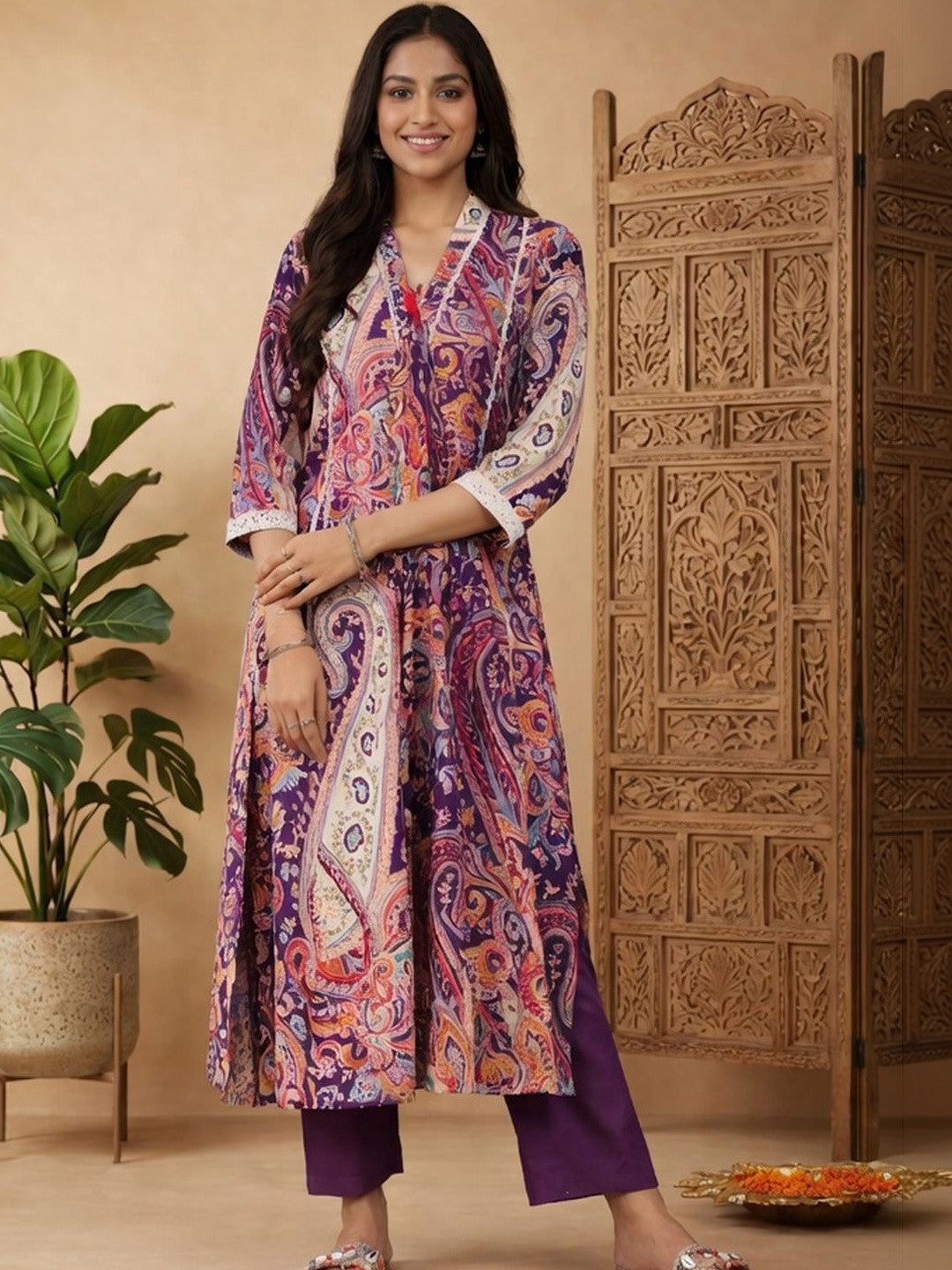 Printed V-Neck A-Line Kurta & Trousers