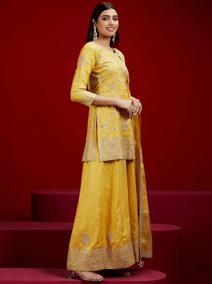 Dhiyona LL Floral Embroidered Sequinned Pure Silk Kurti with Palazzos & With Dupatta