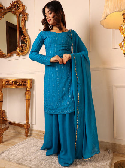 Dhiyona KL Embroidered Mirror Work Silk Georgette Kurta with Palazzos & Dupatta