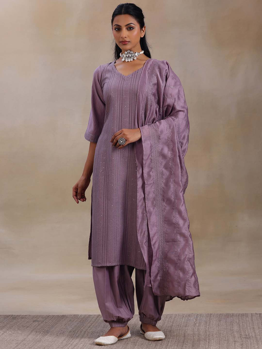 Striped Regular Thread Work Kurta with Salwar & With Dupatta