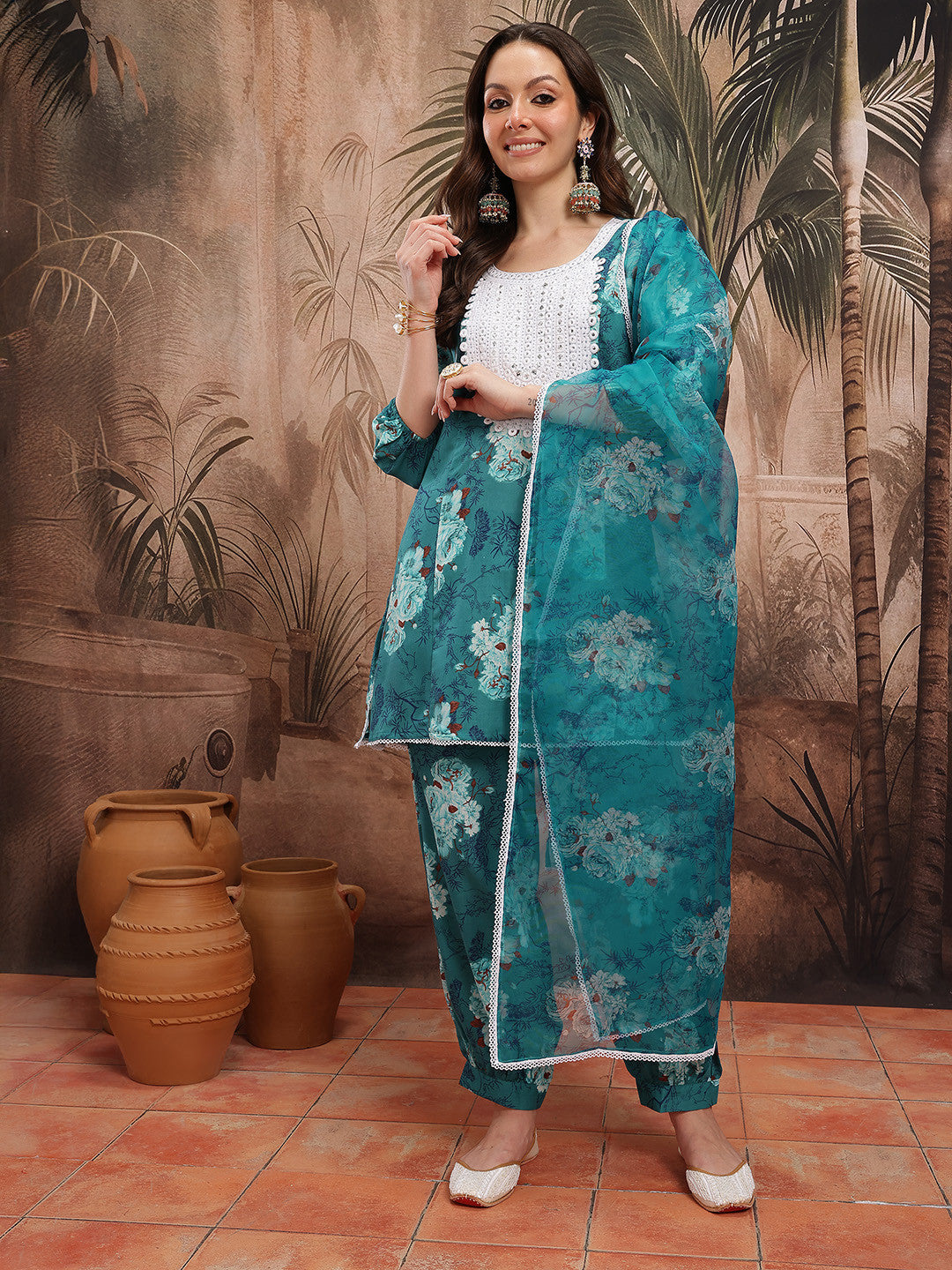 Floral Printed Yoke Design Kurti With Patiala & Dupatta