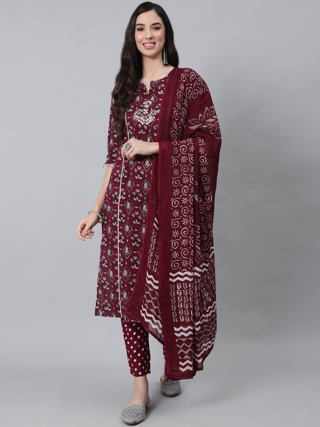 Dhiyona IS Women's Women Maroon Ethnic Motifs Thread Work Pure Cotton Kurta with Trousers & With Dupatta