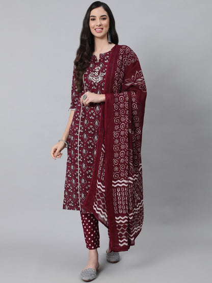 Dhiyona IS Women's Women Maroon Ethnic Motifs Thread Work Pure Cotton Kurta with Trousers & With Dupatta