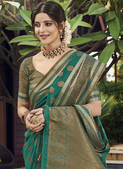 Dhiyona GR Women's Yashomati Emerald Green Zari Woven Design Chanderi Cotton Saree