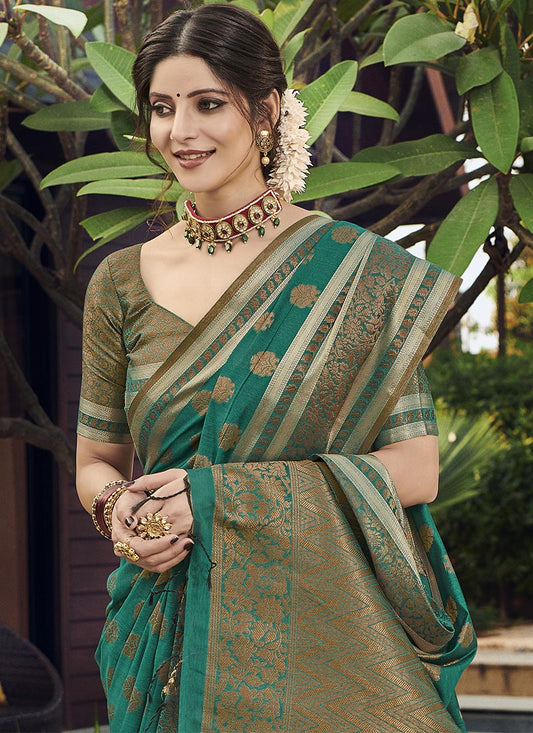 Dhiyona GR Women's Yashomati Emerald Green Zari Woven Design Chanderi Cotton Saree