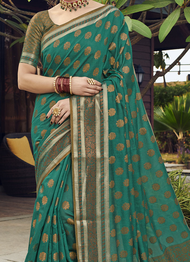 Dhiyona GR Women's Yashomati Emerald Green Zari Woven Design Chanderi Cotton Saree