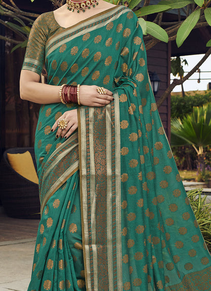 Dhiyona GR Women's Yashomati Emerald Green Zari Woven Design Chanderi Cotton Saree