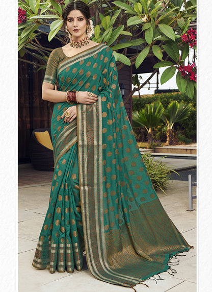 Dhiyona GR Women's Yashomati Emerald Green Zari Woven Design Chanderi Cotton Saree