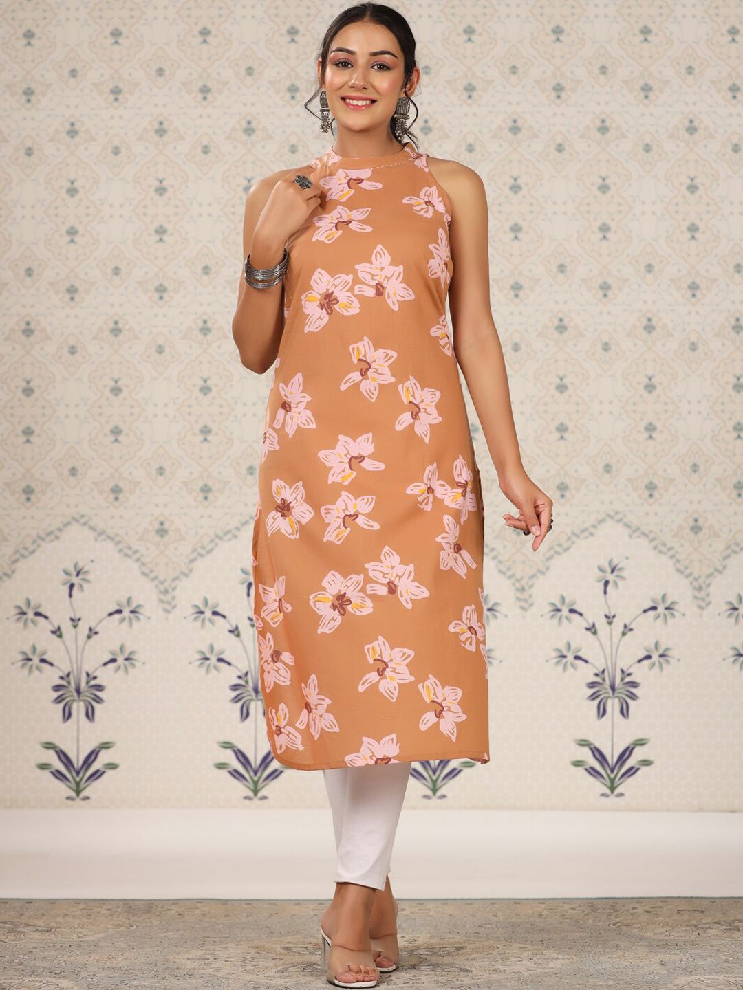 Dhiyona OD  Floral Printed Sleeveless Pure Cotton Straight Kurta
