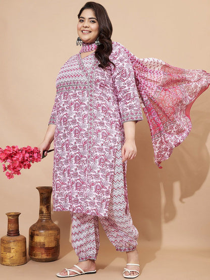 Dhiyona KL Floral Printed Regular Pure Cotton Straight Kurta With Trousers & Dupatta