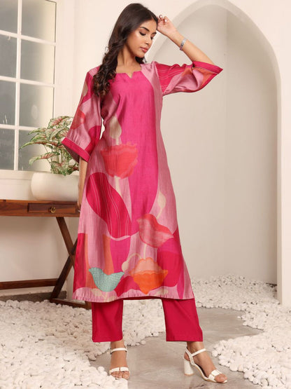 Fuchsia Abstract Printed Notch Neck Chanderi Silk Straight Kurta With Trousers