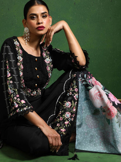 Black Women Floral Embroidered Regular Thread Work Pure Cotton Kurta with Trousers & With Dupatta