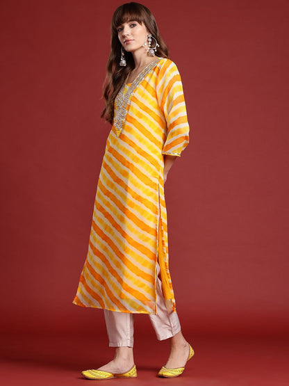 Dhiyona IE Leheriya Printed Gotta Patti Georgette Kurta