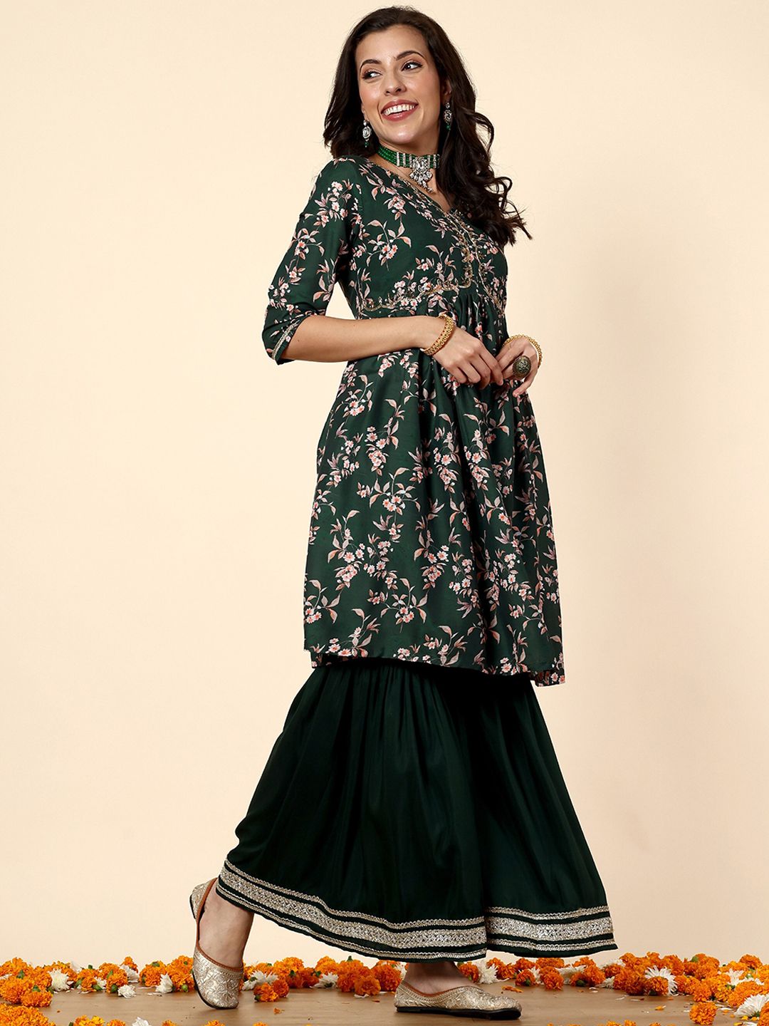 Dhiyona AN Floral Printed Anarkali Kurta with Sharara & With Dupatta