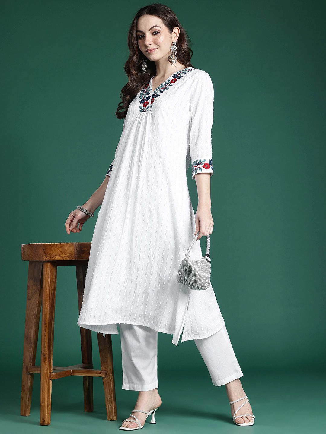 Self Design Thread Work Pure Cotton Kurta with Trousers