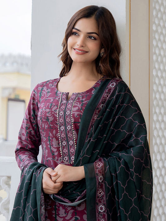 Dhiyona KL Floral Printed Notch Neck Straight Kurta With Trousers & Dupatta