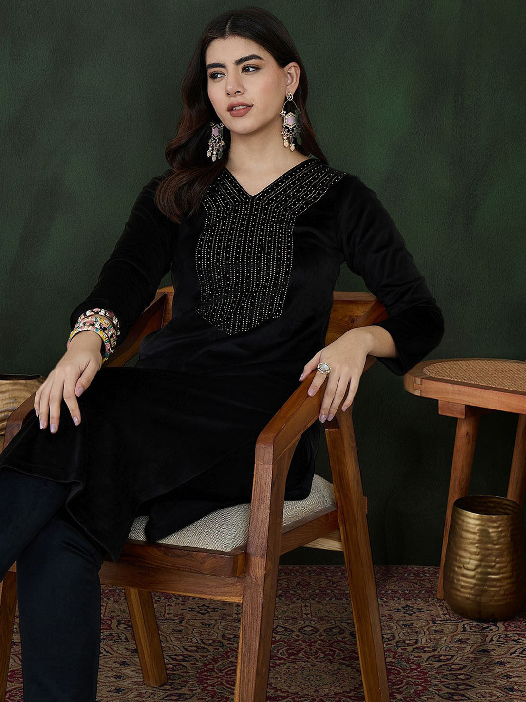 Black Geometric Yoke Design V-Neck Velvet Kurta With Trouser