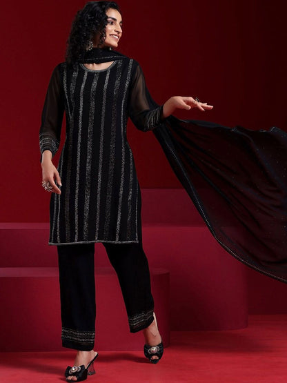 Dhiyona LL Striped Regular Beads and Stones Kurta with Palazzos & Dupatta