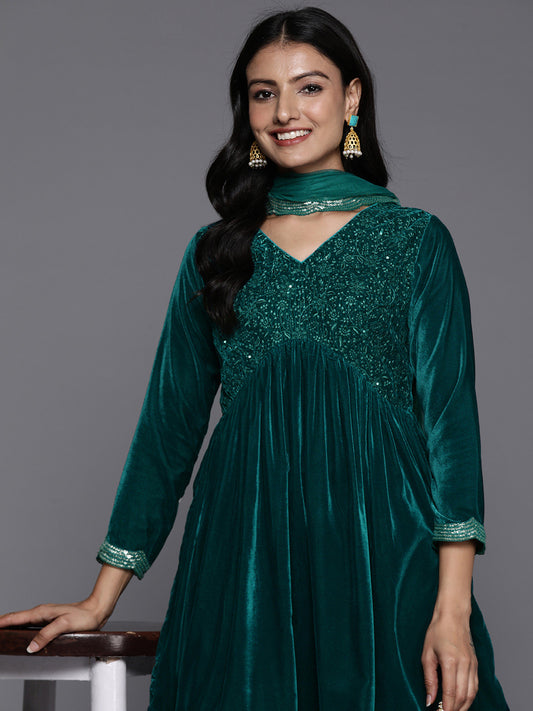 Womens Blue Embroidered Velvet A-Line Kurti With Sharara & Dupatta