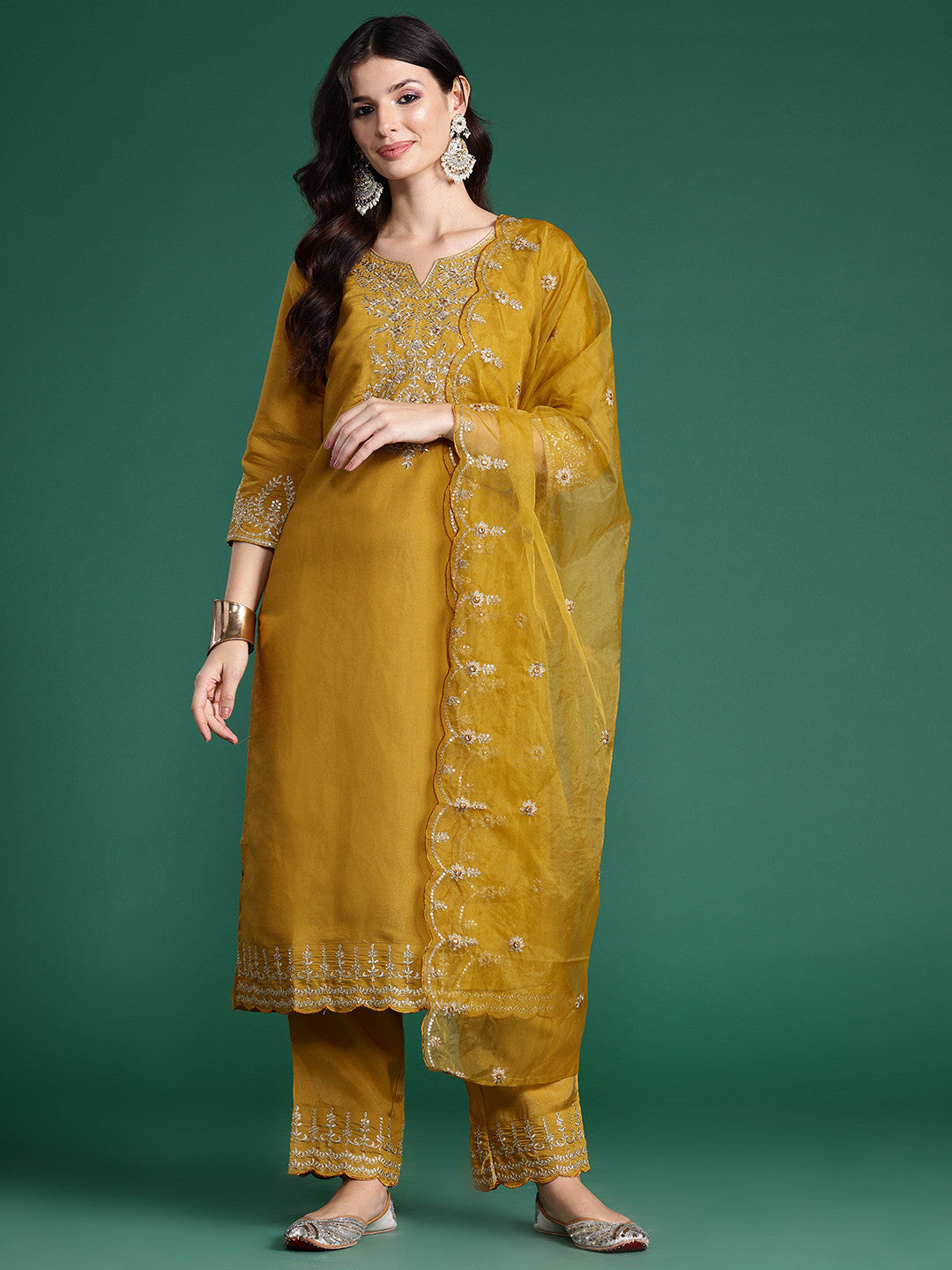 Ethnic Motifs Embroidered Yoke Kurta with Trousers & With Dupatta