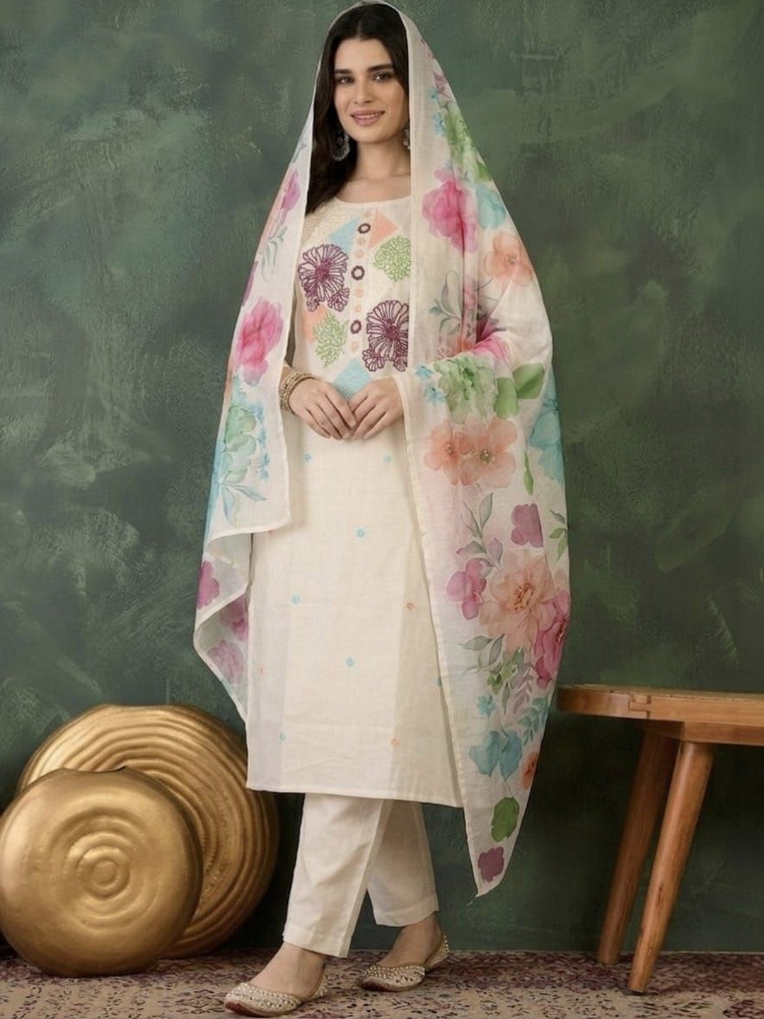 Embroidered Pure Cotton Round Neck Kurta & Trousers With Dupatta