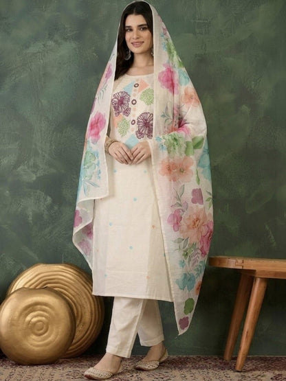 Embroidered Pure Cotton Round Neck Kurta & Trousers With Dupatta