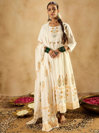 Dhiyona IE Floral Printed Empire Pure Cotton A-Line Kurta With Trousers & Dupatta