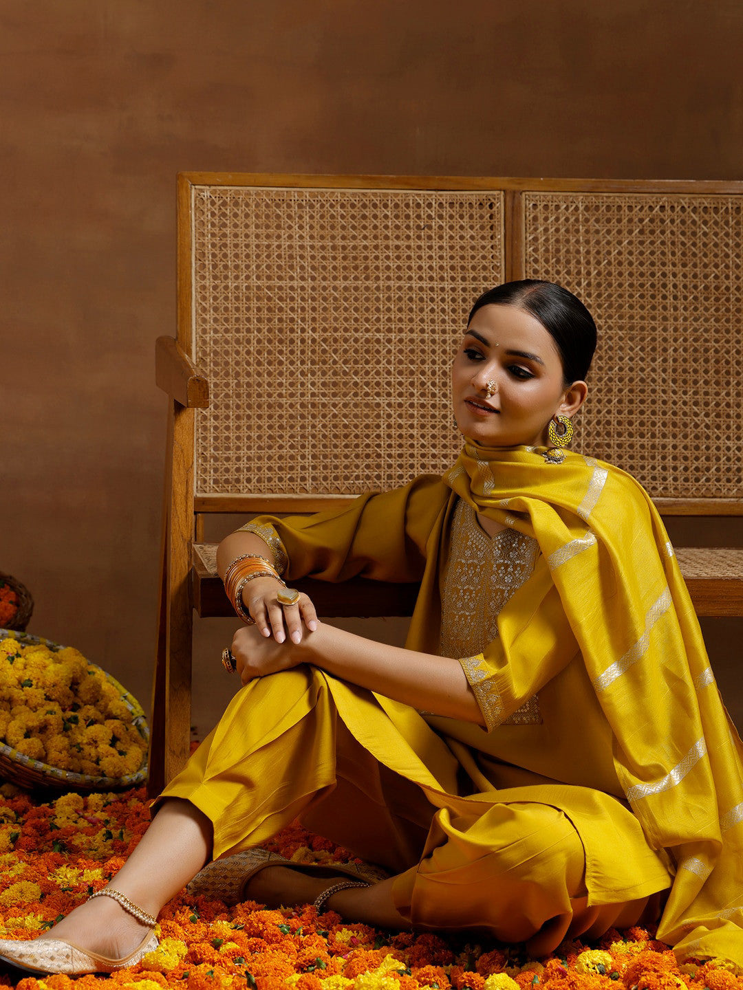 Floral Yoke Design Sequinned Straight Kurta With Salwar & Dupatta