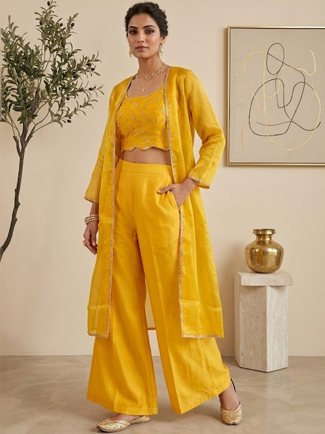 Dhiyona SN Embroidered Tissue Round Neck Top & Palazzos