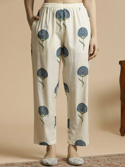 Women's Floral Printed Regular Mirror Work Pure Cotton A-Line Kurta with Palazzos