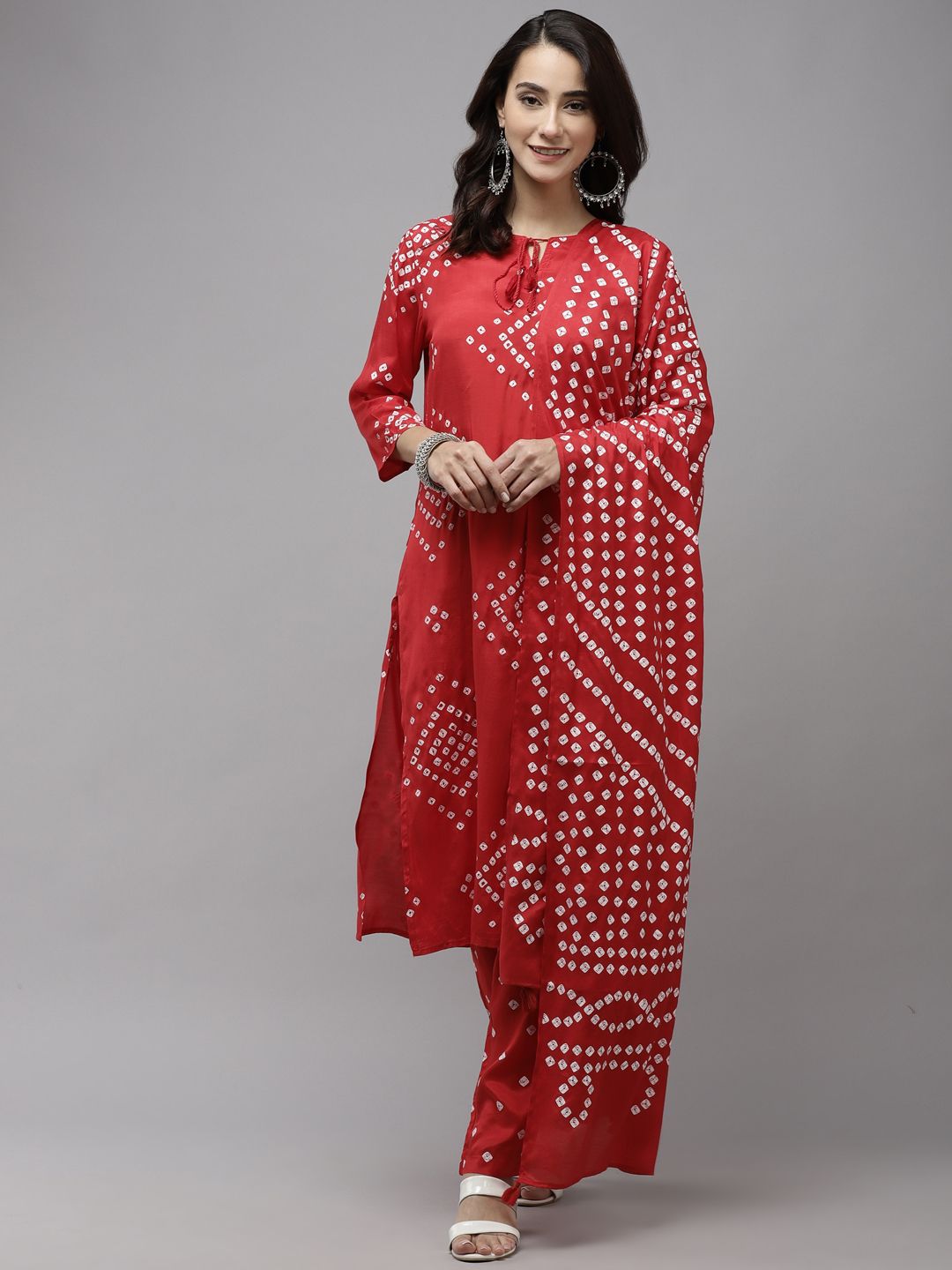 Dhiyona IS Women's Women Red Bandhani Printed Regular Kurta with Trousers & With Dupatta