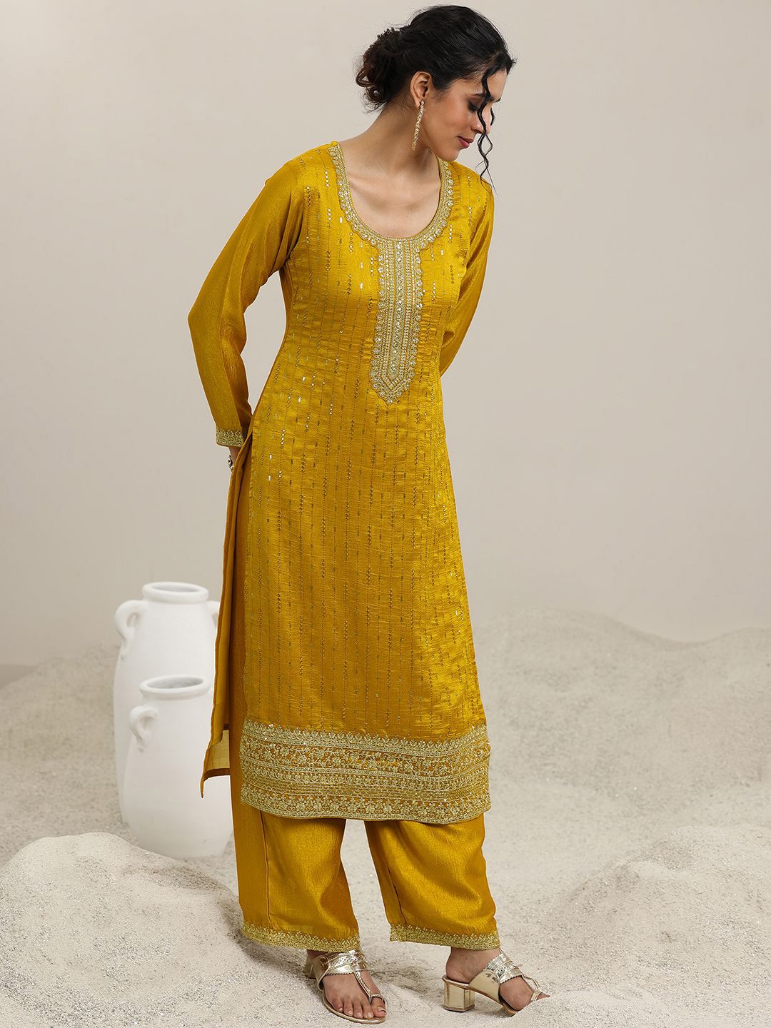 Dhiyona LL Women Ethnic Motifs Embroidered Regular Sequinned Kurta with Palazzos & With Dupatta