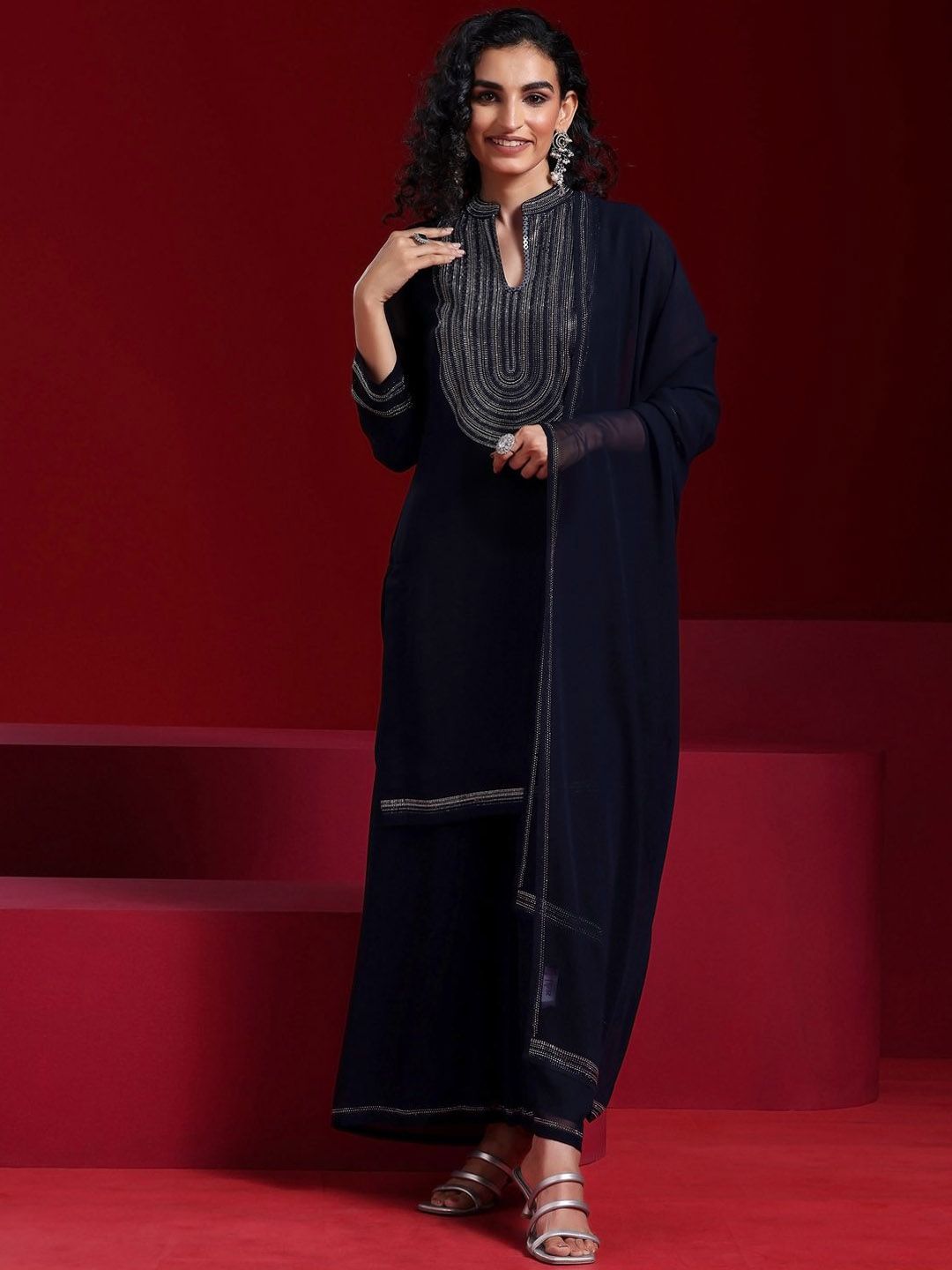 Dhiyona LL Mandarin Collar Beads and Stones Georgette Straight Kurta & Palazzo & Dupatta