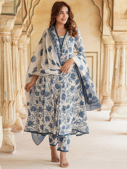Dhiyona KL Floral Printed Anarkali Pure Cotton Kurta with Trousers & Dupatta