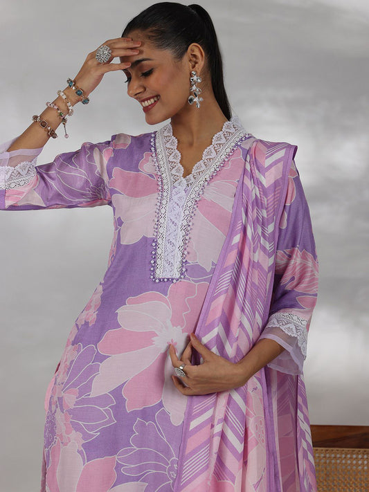Floral Printed V-Neck Straight Kurta with Trouser & Dupatta